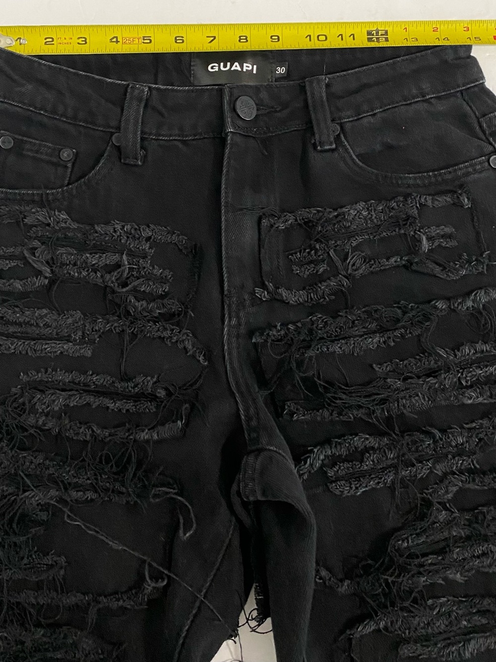 Guapi Men’s 30 Stacked Black Obsidian Distressed Jeans Zippers Relaxed Straight - Picture 9 of 12